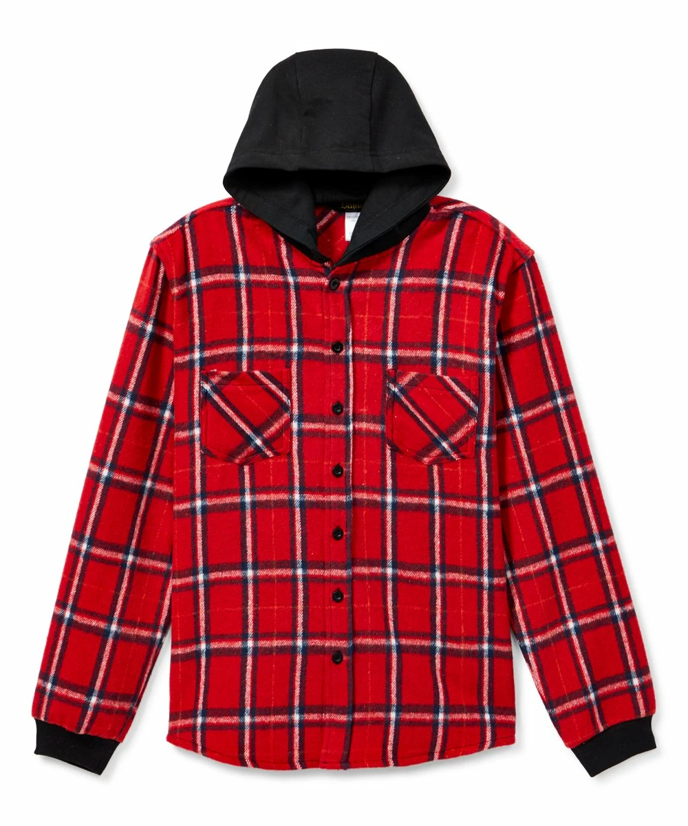 Outlet ๐ Daniel L Red Plaid Flannel Button-Up Hooded Tee - Boys For Kids ๐