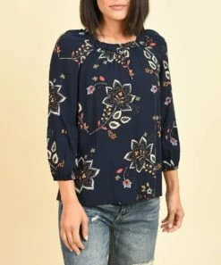 Cheapest 😀 Daniel Rainn Indigo Floral Pleated-Neck Puff-Sleeve Top - 👩 Women ❤️