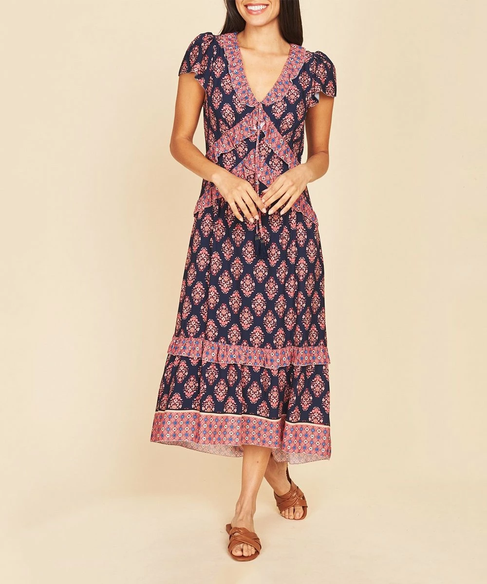 Cheapest ๐ Daniel Rainn Indigo Floral Flutter-Sleeve V-Neck Midi ๐ Dress - ๐ฉ Women ๐ - Image 3