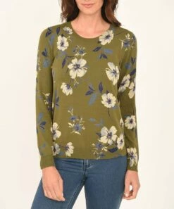 Deals 👏 Daniel Rainn Green & Beige Floral Crewneck Sweater - 👩 Women ✔️