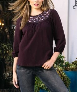 Brand new ๐ Daniel Rainn New Plum Embroidered-Yoke Puff-Sleeve Peasant Top - ๐ฉ Women ๐งจ