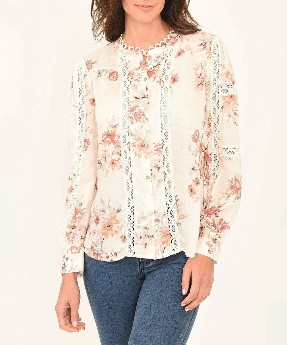 Deals ๐ Daniel Rainn Stucco White Floral Lace-Accent Button-Up Top - ๐ฉ Women ๐ - Image 3