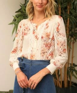 Deals 😍 Daniel Rainn Stucco White Floral Lace-Accent Button-Up Top - 👩 Women 😍