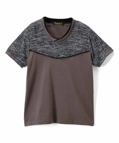 Flash Sale ⌛ Daniel L Dark Green & Black Stripe Contrast-Shoulder V-Neck Tee - Boys For Kids 💯