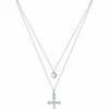 Best Sale 🛒 Silver Angle Cubic Zirconia & Sterling Silver Cross & Heart Layer Pendant Necklace For 👩 Women ❤️