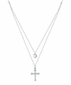 Best Sale ๐ Silver Angle Cubic Zirconia & Sterling Silver Cross & Heart Layer Pendant Necklace For ๐ฉ Women โค๏ธ